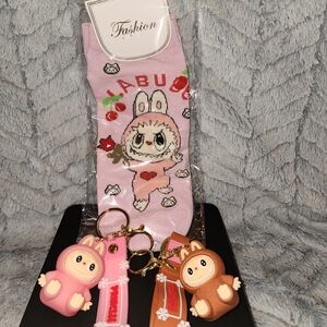 Pink and Brown Fun Character Socks and Keychain Bundle